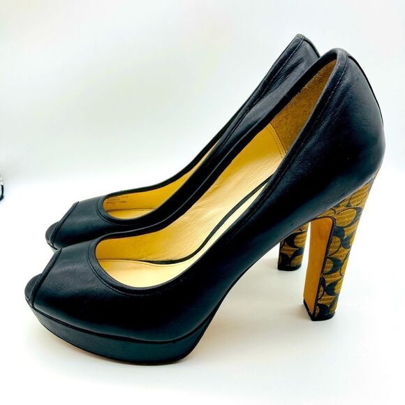 Coach Breana Black Leather Monogram Platform High Heels 9,5B - Picture 5 of 12